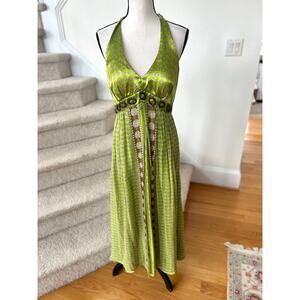 Vintage Lime Green Silk Chiffon & Satin Boho Dot Halter Midi Dress